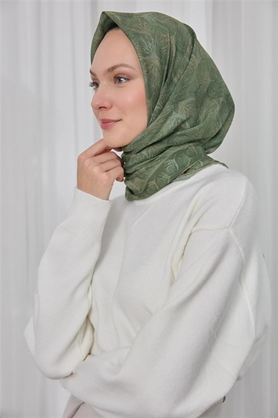 İnce Pamuk Soft Eşarp Koyu Vizon Yaprak Desenli Hafif Dokulu 90x90