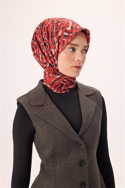 İnce Pamuk Soft Eşarp Krem Kırmızı Siyah Desenli Nefes Alan 90x90