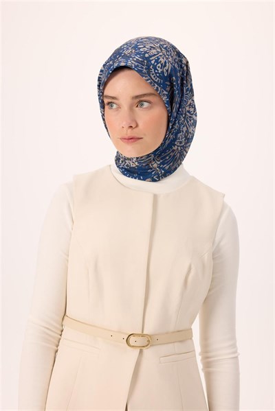 İnce Pamuk Soft Eşarp Lacivert-Vizon Desenli Kaymaz Dokulu Tok Duruşlu 90x90