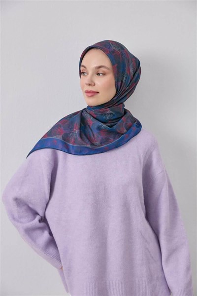 İnce Pamuk Soft Eşarp Lacivert Yaprak Desenli Hafif Dokulu 90x90