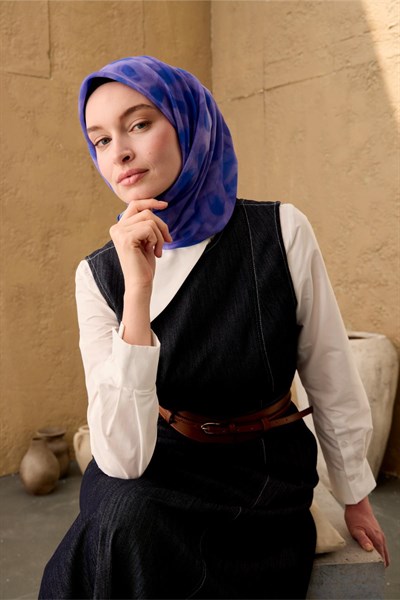 İnce Pamuk Soft Eşarp Mor-Eflatun Leylak Desenli Nefes Alan Tok Duruşlu 90x90