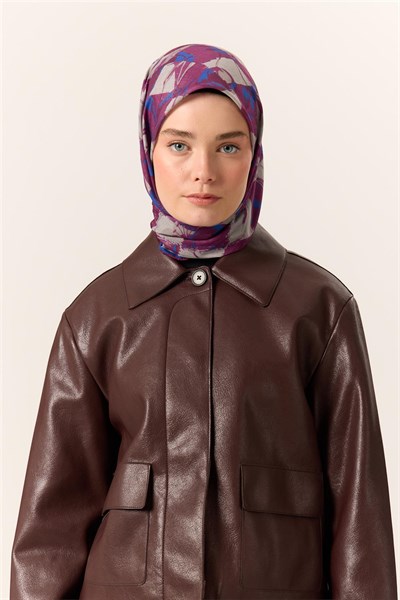 İnce Pamuk Soft Eşarp Mor-Saks Desenli Kaymaz Dokulu Tok Duruşlu 90x90