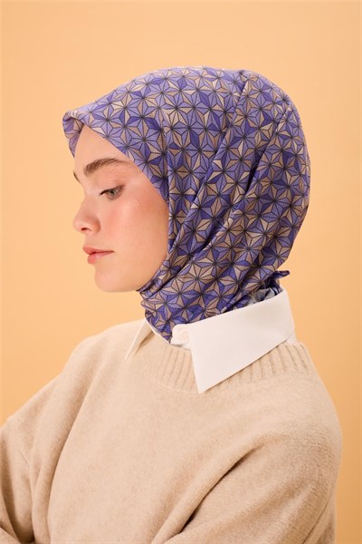 İnce Pamuk Soft Eşarp Mor-Vizon Geometrik Desenli Nefes Alan 90x90
