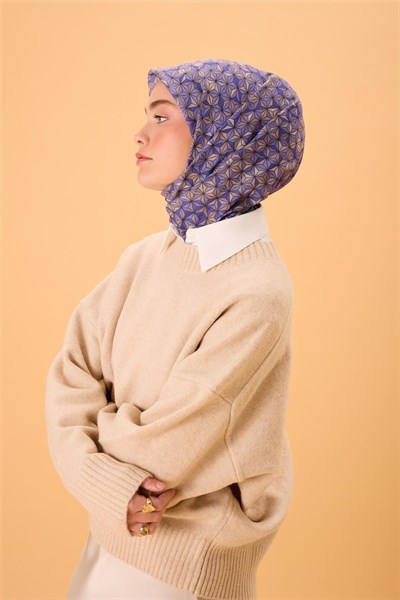 İnce Pamuk Soft Eşarp Mor-Vizon Geometrik Desenli Nefes Alan 90x90