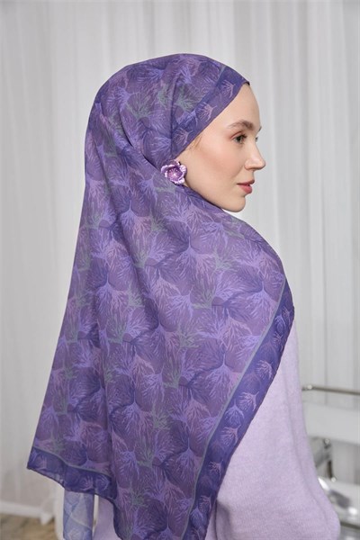 İnce Pamuk Soft Eşarp Mor Yaprak Desenli Hafif Dokulu 90x90