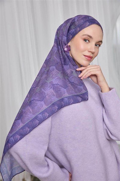 İnce Pamuk Soft Eşarp Mor Yaprak Desenli Hafif Dokulu 90x90