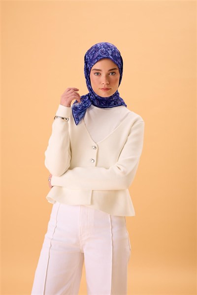 İnce Pamuk Soft Eşarp Morcivert-Lila Desenli Tok Duruşlu 90x90