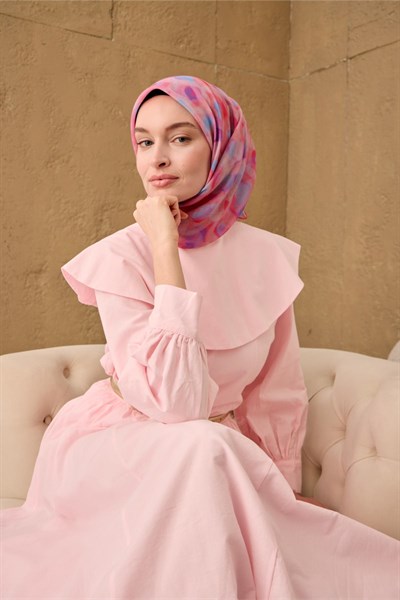 İnce Pamuk Soft Eşarp Nar Çiçeği-Eflatun Pembe Desenli Nefes Alan Tok Duruşlu 90x90