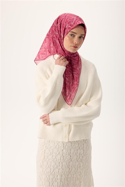İnce Pamuk Soft Eşarp Pudra Pembe Ahududu Desenli Nefes Alan 90x90