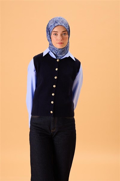 İnce Pamuk Soft Eşarp Saks-İndigo Desenli Tok Duruşlu 90x90