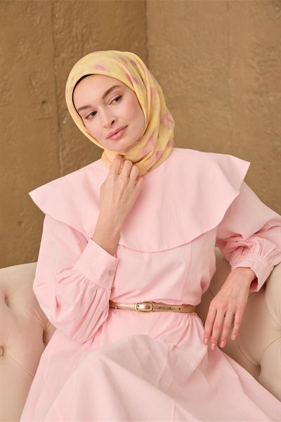 İnce Pamuk Soft Eşarp Sarı-Pembe Desenli Nefes Alan Tok Duruşlu 90x90