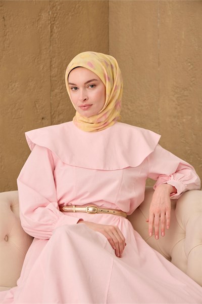 İnce Pamuk Soft Eşarp Sarı-Pembe Desenli Nefes Alan Tok Duruşlu 90x90