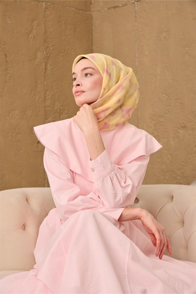 İnce Pamuk Soft Eşarp Sarı-Pembe Desenli Nefes Alan Tok Duruşlu 90x90