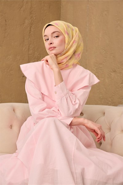 İnce Pamuk Soft Eşarp Sarı-Pembe Desenli Nefes Alan Tok Duruşlu 90x90