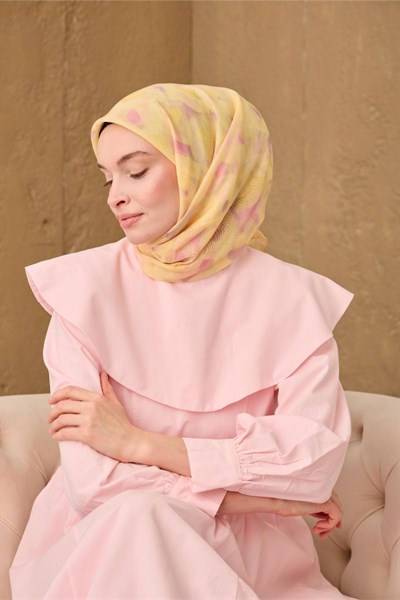 İnce Pamuk Soft Eşarp Sarı-Pembe Desenli Nefes Alan Tok Duruşlu 90x90