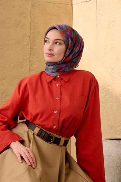 İnce Pamuk Soft Eşarp Siyah-Füme-Gri-Erguvan Desenli Kaymaz Dokulu Nefes Alan 90x90