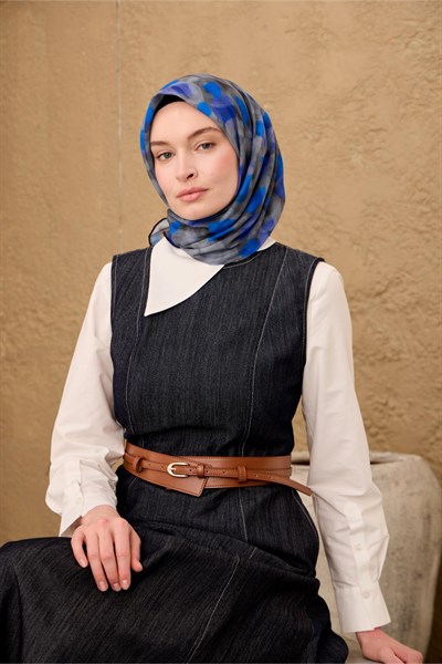 İnce Pamuk Soft Eşarp Siyah-Füme-Gri-Saks Desenli Kaymaz Dokulu Nefes Alan 90x90