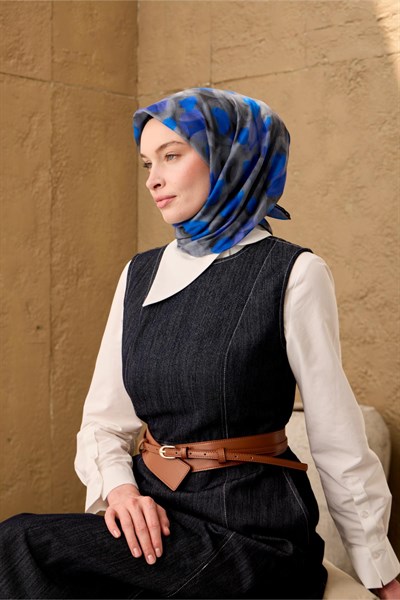 İnce Pamuk Soft Eşarp Siyah-Füme-Gri-Saks Desenli Kaymaz Dokulu Nefes Alan 90x90