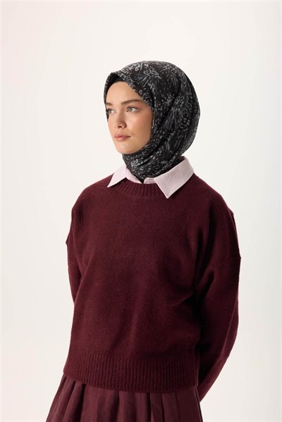 İnce Pamuk Soft Eşarp Siyah-Gümüş Desenli Tok Duruşlu Kaymaz 90x90