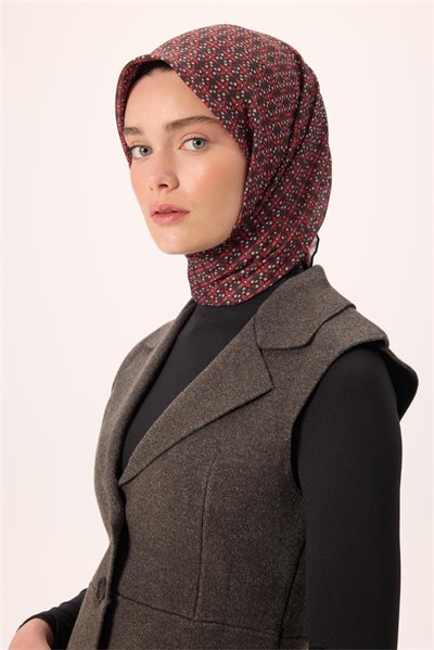 İnce Pamuk Soft Eşarp Siyah-Kırmızı Gri Desenli Kaymaz Dokulu Nefes Alan 90x90
