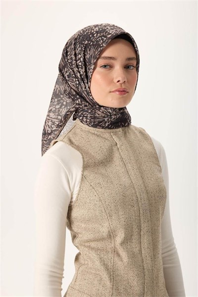 İnce Pamuk Soft Eşarp Siyah-Vizon Desenli Tok Duruşlu Kaymaz 90x90