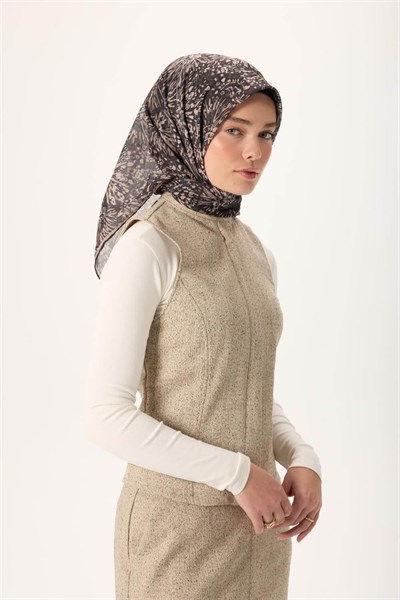 İnce Pamuk Soft Eşarp Siyah-Vizon Desenli Tok Duruşlu Kaymaz 90x90