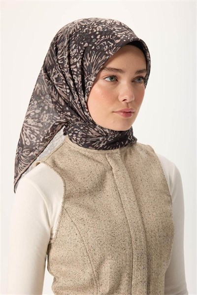 İnce Pamuk Soft Eşarp Siyah-Vizon Desenli Tok Duruşlu Kaymaz 90x90