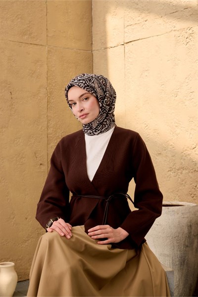 İnce Pamuk Soft Eşarp Siyah-Vizon Taş Desenli Nefes Alan Tok Duruşlu 90x90