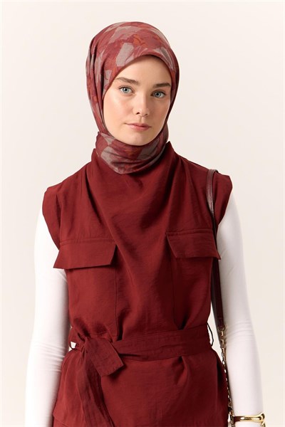 İnce Pamuk Soft Eşarp Taba-Bordo Desenli Kaymaz Dokulu Tok Duruşlu 90x90