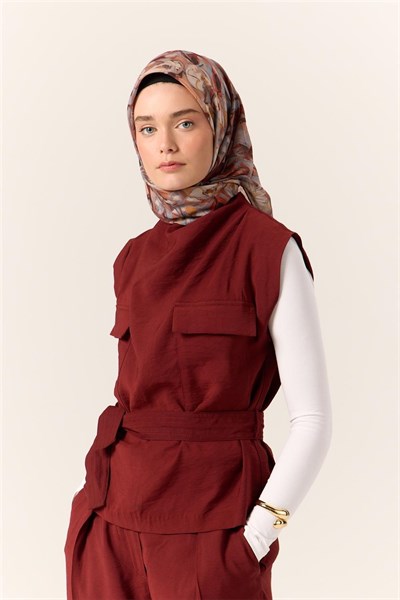 İnce Pamuk Soft Eşarp Taba-Kiremit Desenli Kaymaz Dokulu Tok Duruşlu 90x90