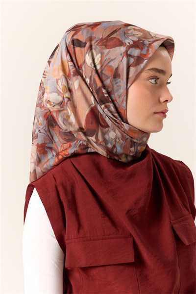 İnce Pamuk Soft Eşarp Taba-Kiremit Desenli Kaymaz Dokulu Tok Duruşlu 90x90