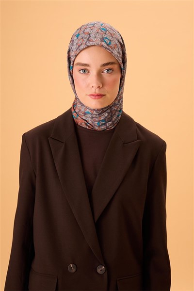 İnce Pamuk Soft Eşarp Turuncu Koyu Vizon Mavi Vizon Desenli Kaymaz Dokulu Tok Duruşlu 90x90