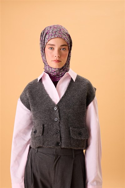 İnce Pamuk Soft Eşarp Violet Koyu Vizon Krem Pembe Desenli Kaymaz Dokulu Tok Duruşlu 90x90