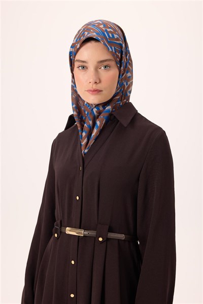 İnce Pamuk Soft Eşarp Vizon Kahverengi Saks Desenli Nefes Alan 90x90