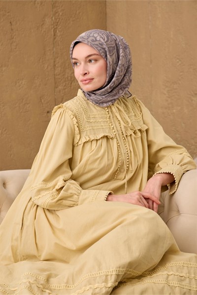 İnce Pamuk Soft Eşarp Vizon-Koyu Vizon Çelik Mavi Desenli Soft Dokulu Nefes Alan 90x90