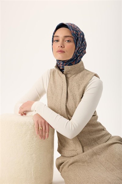 İnce Pamuk Soft Eşarp Vizon Lacivert Desenli Nefes Alan 90x90