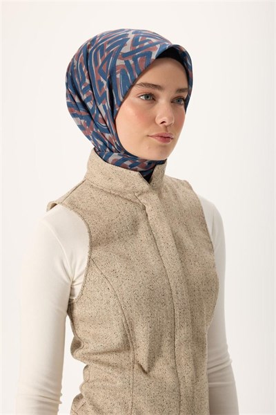 İnce Pamuk Soft Eşarp Vizon Lacivert Desenli Nefes Alan 90x90