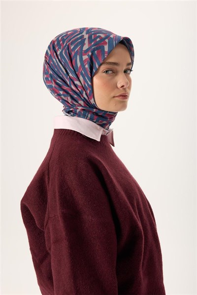 İnce Pamuk Soft Eşarp Vizon Lacivert Vişne Çürüğü Desenli Nefes Alan 90x90