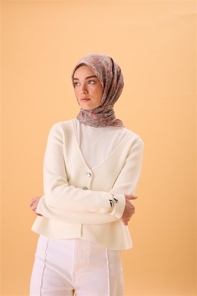 İnce Pamuk Soft Eşarp Vizon-Narçiçeği Desenli Tok Duruşlu 90x90