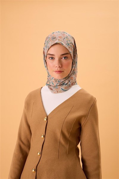 İnce Pamuk Soft Eşarp Vizon-Patina Yeşili Desenli Kaymaz Dokulu Tok Duruşlu 90x90
