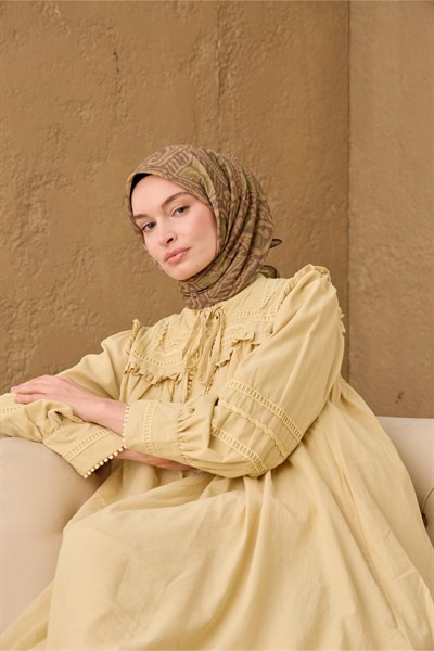 İnce Pamuk Soft Eşarp Yeşil Kahve-Yeşil-Olive Desenli Nefes Alan Tok Duruşlu 90x90