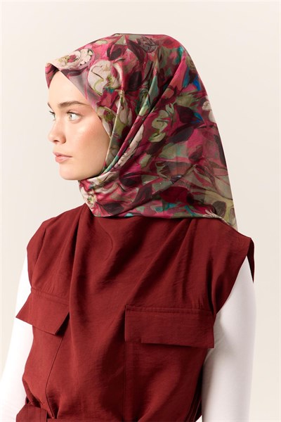 İnce Pamuk Soft Eşarp Yeşil-Pembe Desenli Kaymaz Dokulu Tok Duruşlu 90x90
