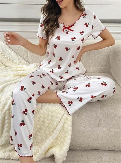 Kadın Beyaz Kiraz Desenli Kısa Kollu Yumuşak Pijama Takımı 5128