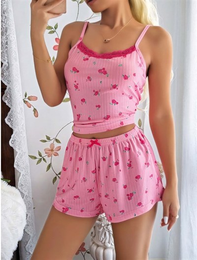 Kadın Çiçekli Dantelli Şortlu Pijama Takım 5177