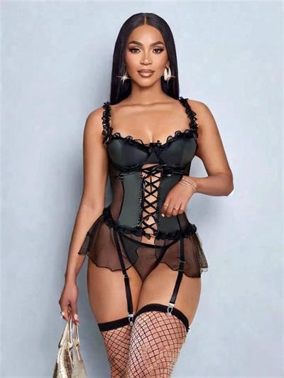 Kadın Siyah Lame Deri Fantezi Kostüm Elbise Seksi Gece Fantezi Kostüm 9002