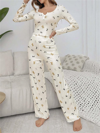 Kadın Ekru Ayıcık ve Fiyonk Desenli Yumuşak Pamuklu Uzun Pijama Takımı 5129