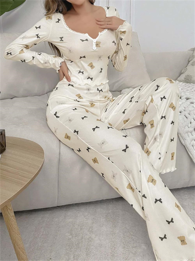 Kadın Ekru Ayıcık ve Fiyonk Desenli Yumuşak Pamuklu Uzun Pijama Takımı 5129