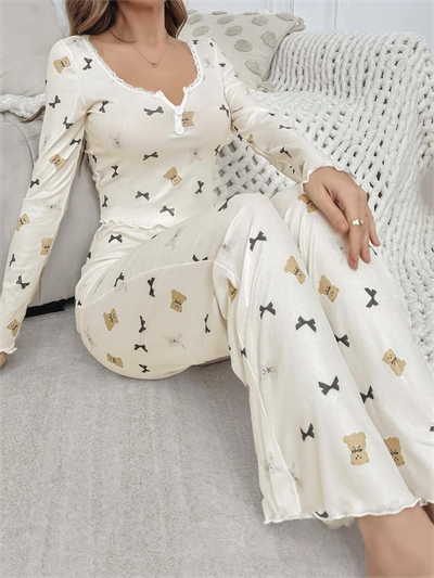 Kadın Ekru Ayıcık ve Fiyonk Desenli Yumuşak Pamuklu Uzun Pijama Takımı 5129