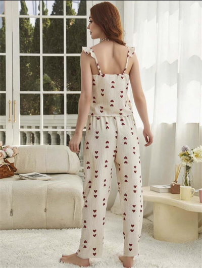 Kadın Ekru Kırmızı Kalp Desenli Yumuşak Pamuklu Uzun Pijama Takımı 5136