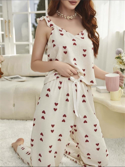 Kadın Ekru Kırmızı Kalp Desenli Yumuşak Pamuklu Uzun Pijama Takımı 5136